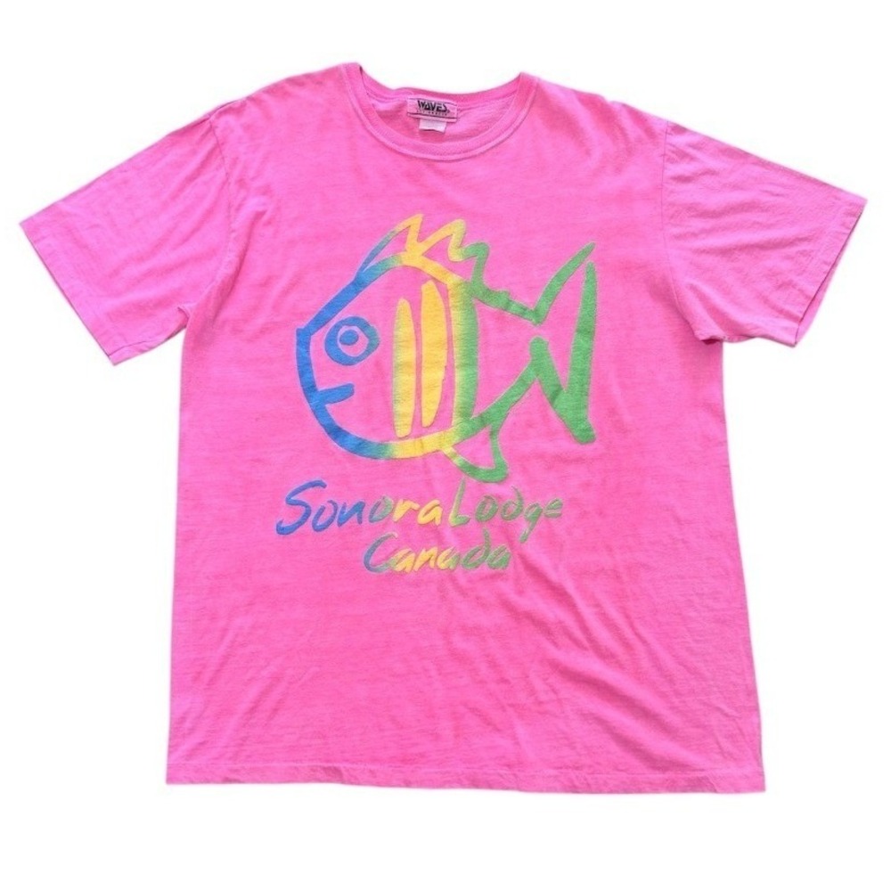Vintage 80s Waves Sonora Lodge Canada Fish Puff Print Graphic Art Neon T-shirt